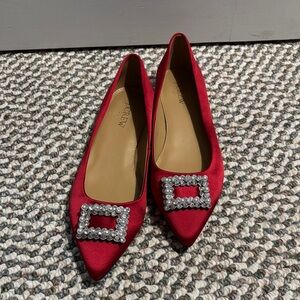 J. Crew Red Satin Pointed Flats with Jeweled Buckle